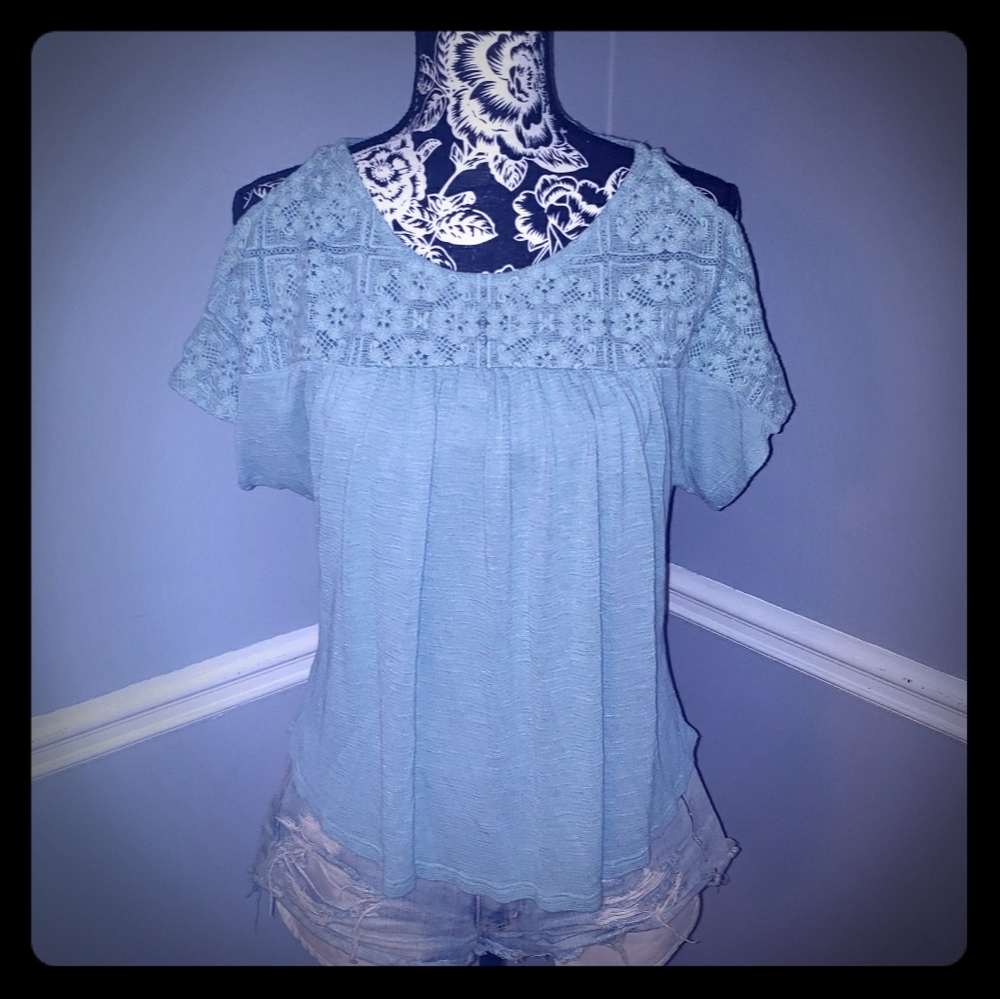 Lucky Brand aqua knitted embroidery shirt S